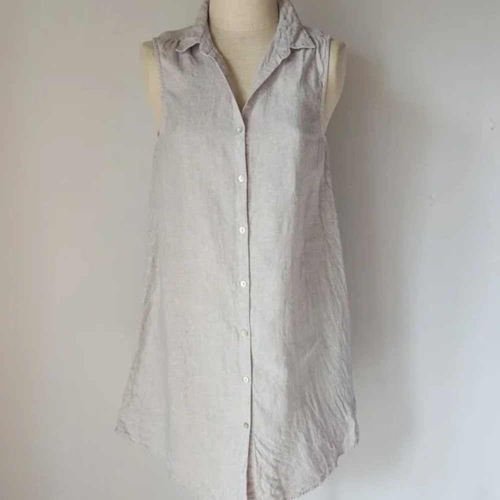 Sleeveless Linen Button-Up Shirt - Light Gray